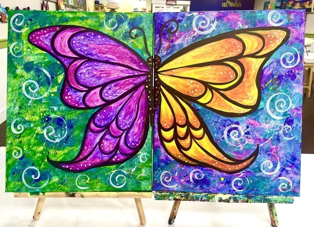 Colorful butterfly two-panel canvas at Island Art Party studio