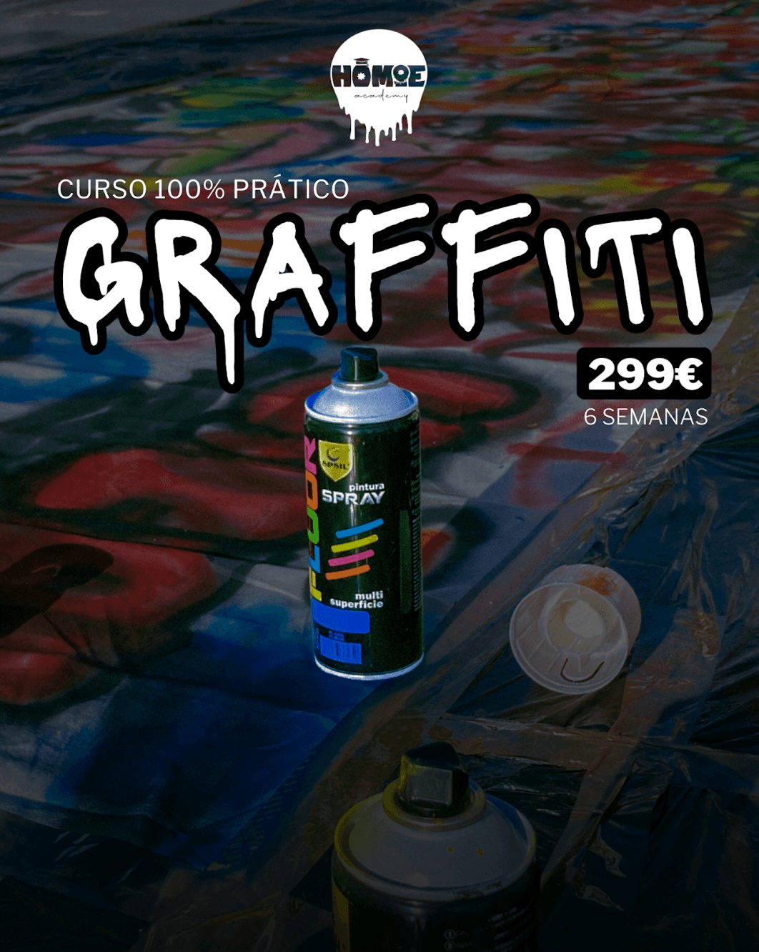 Urban graffiti artist spraying colorful mural on concrete wall
