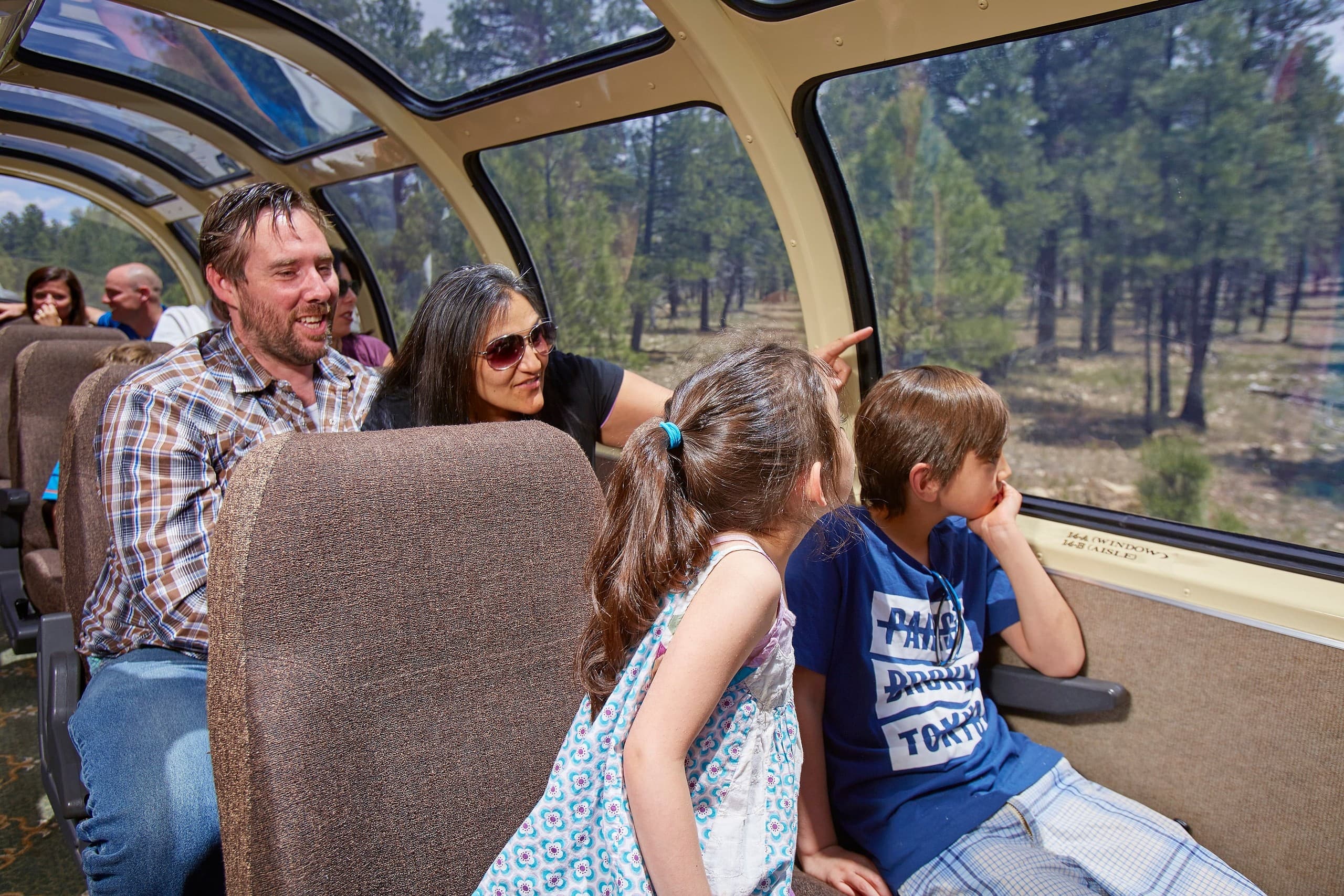 Scenic railcar approaching mountain pass with clear sky vistas