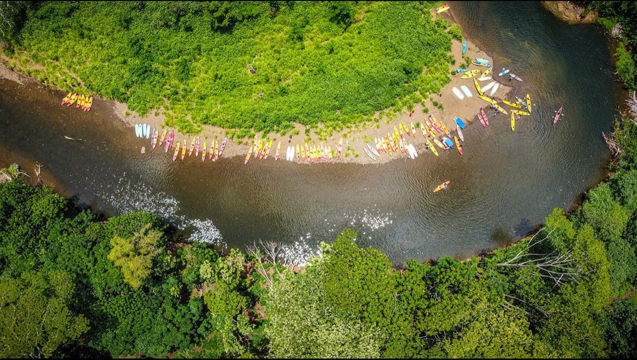 Curved river packed with kayaks in tropical estuary aerial view