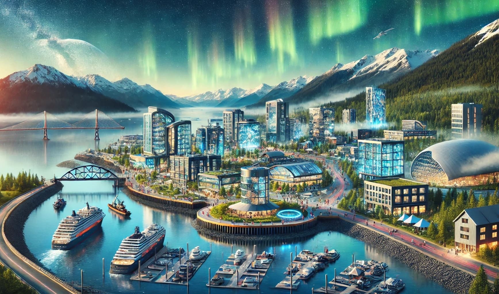 Coastal city harbor with cruise ships beneath northern lights