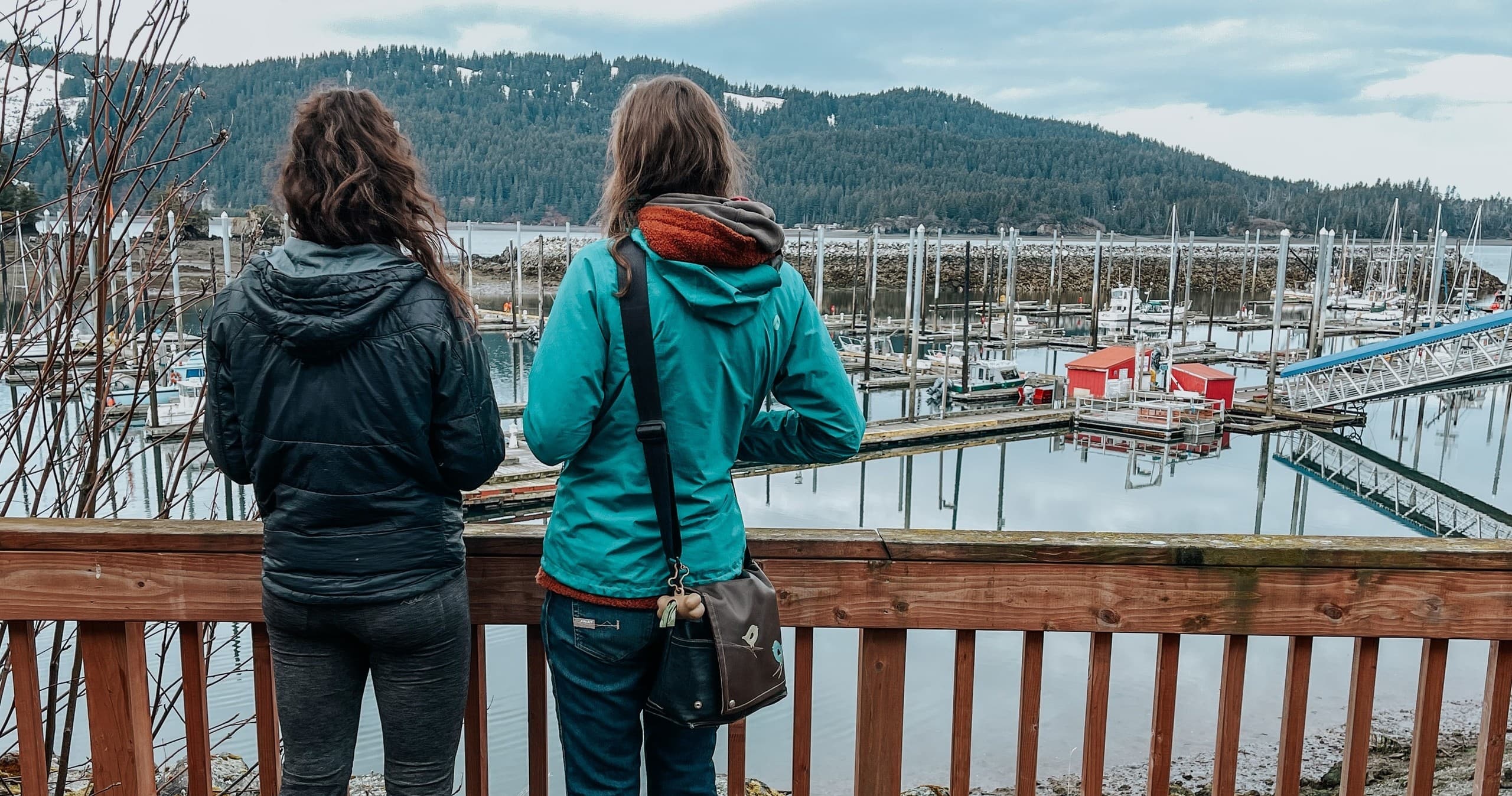 Two visitors viewing Alaska marina and coastal mountains
