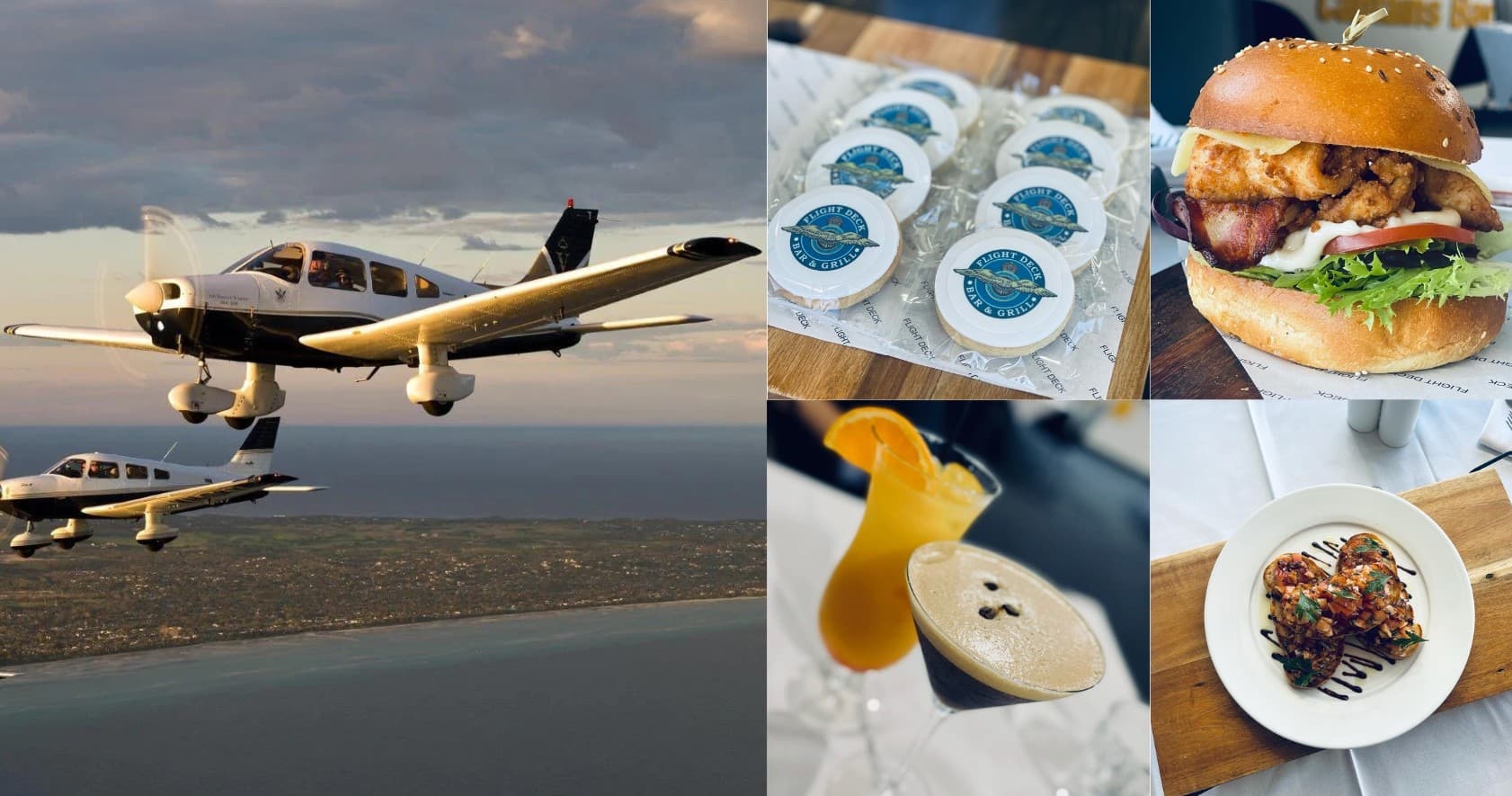 Scenic small plane flying over coastal landscape aerial tour