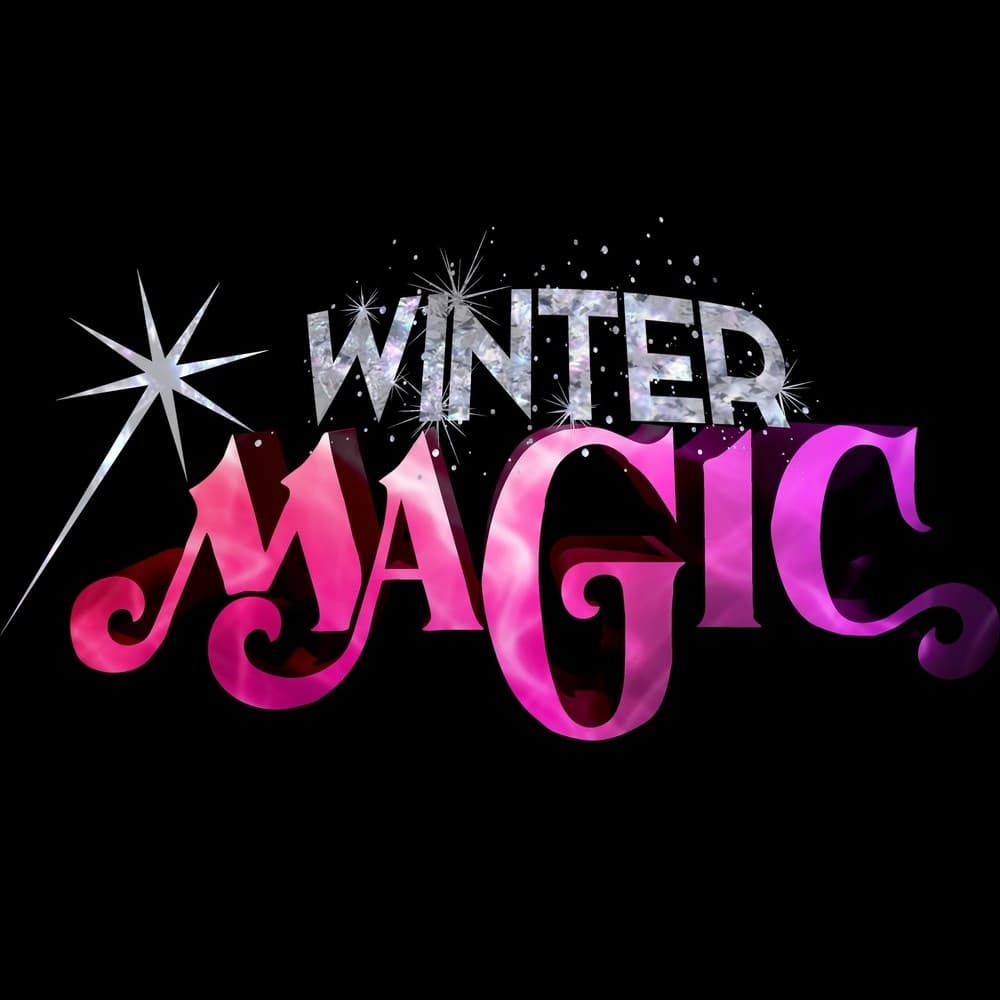 Winter Magic event logo with sparkles and magenta lettering on black