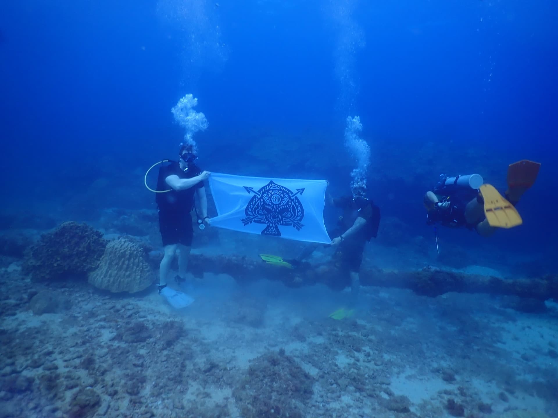 Scuba divers holding flag above coral reef in clear blue ocean