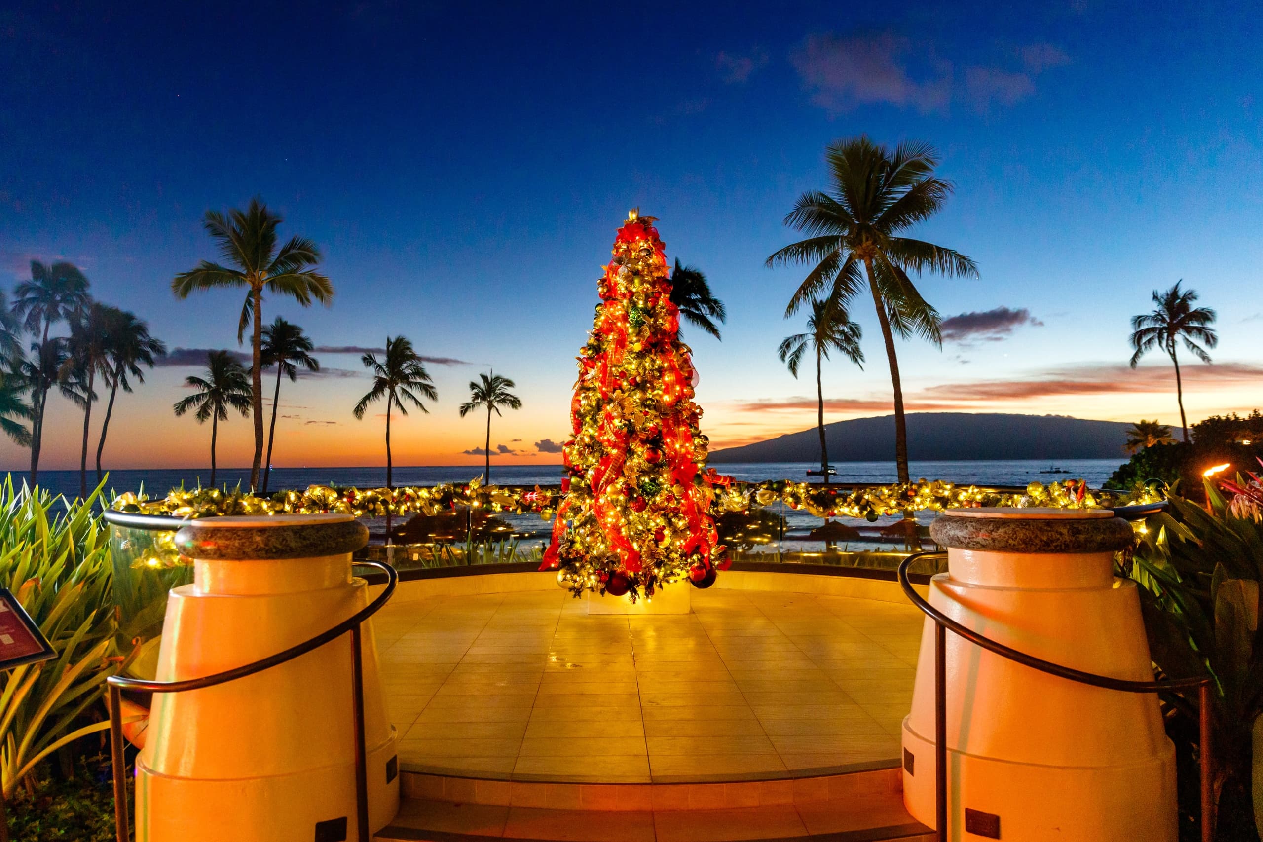 Resort oceanfront sunset with palms and holiday decorations