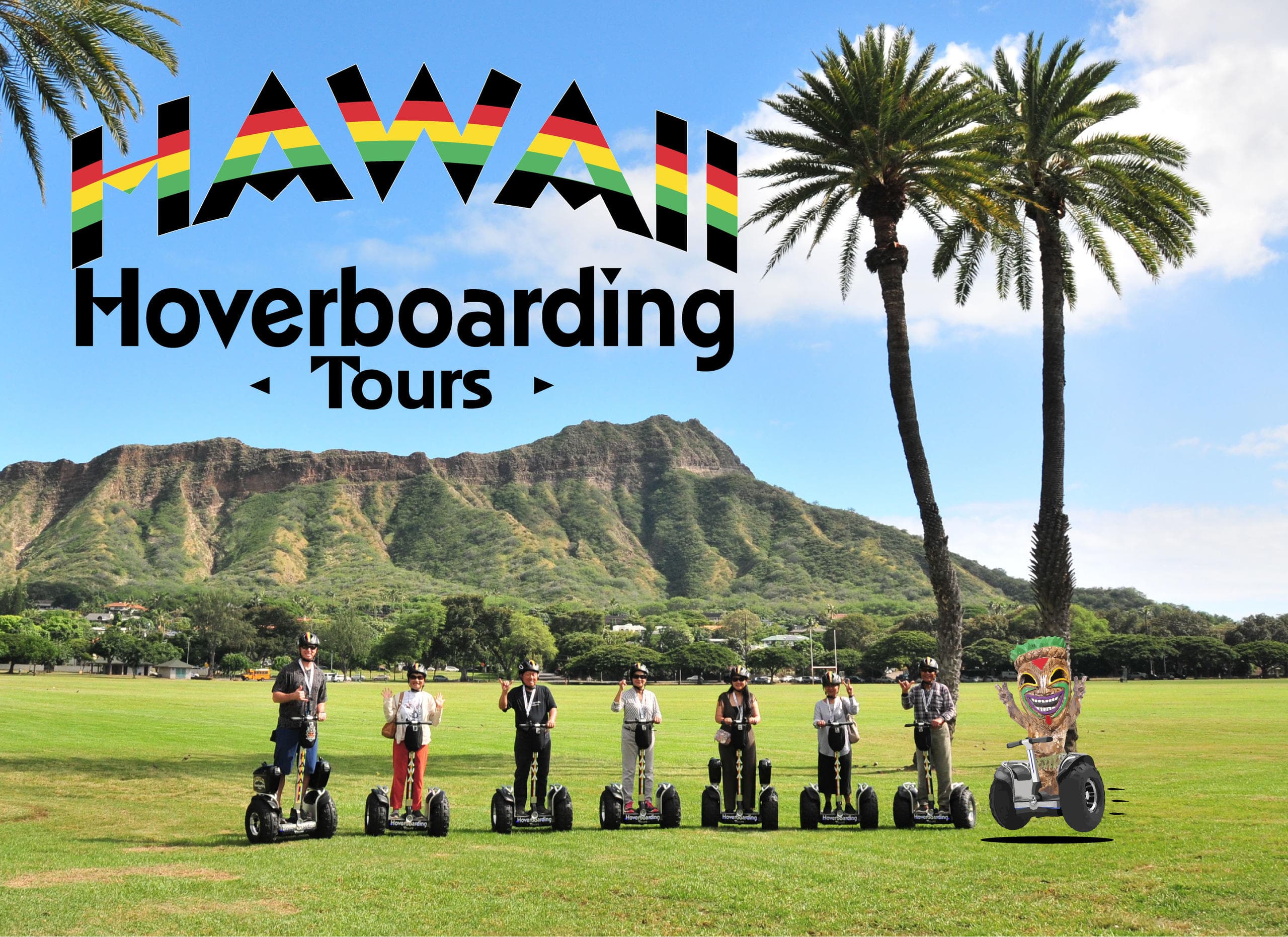 Hoverboard tour group on grass with Diamond Head in Honolulu