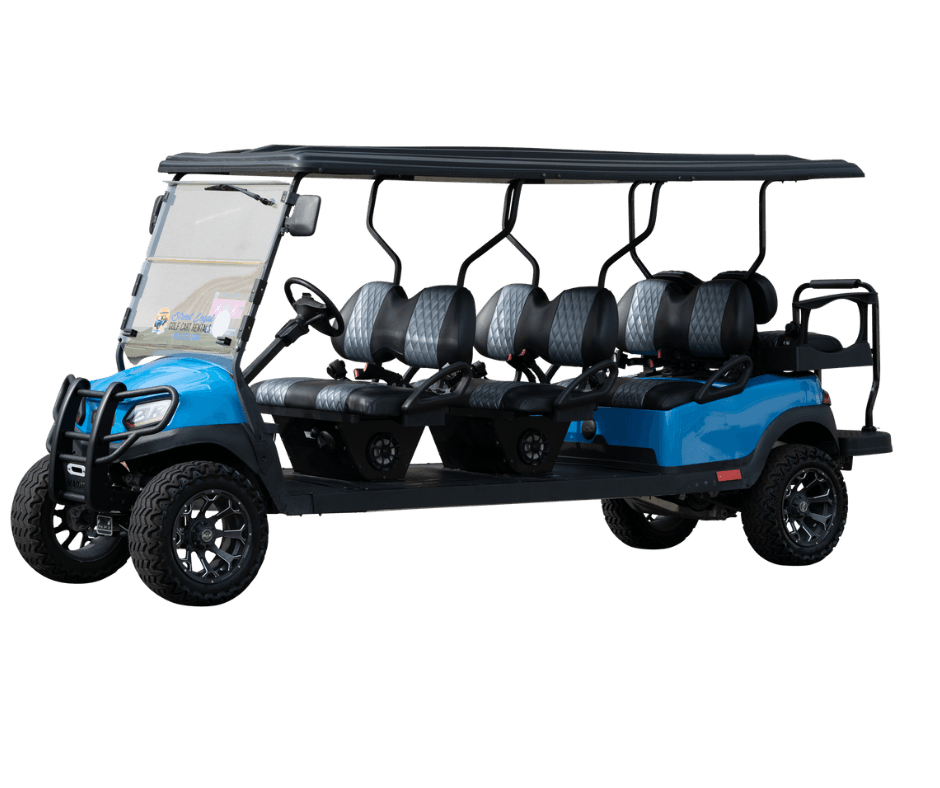 Long eight-seat street-legal golf cart on white backdrop