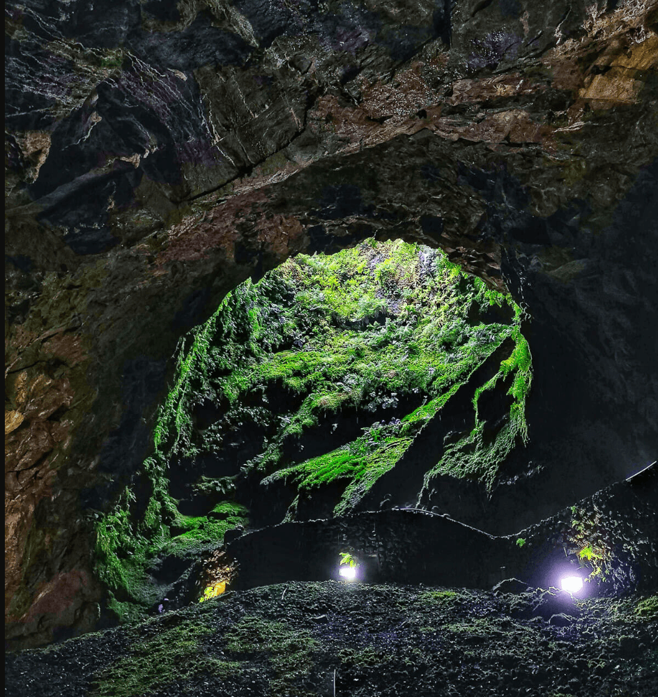 Exploring mossy sea cave interior with illuminated rock arch
