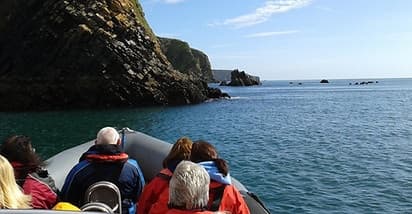 Passengers viewing dramatic coastal cliffs from small boat tour
