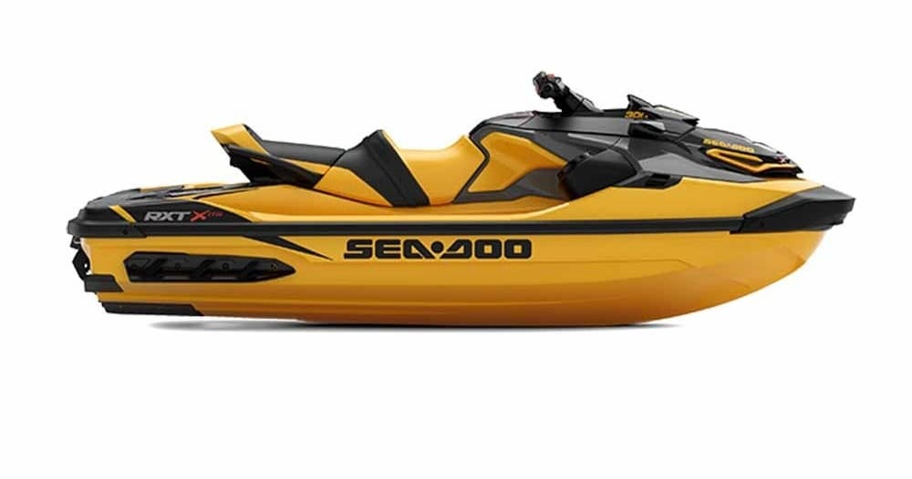 Yellow Sea-Doo personal watercraft on white background, product image