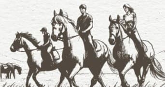 Group horseback riders trotting across open field on trail