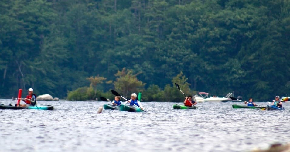 Group of kayakers paddling across wide wooded lake