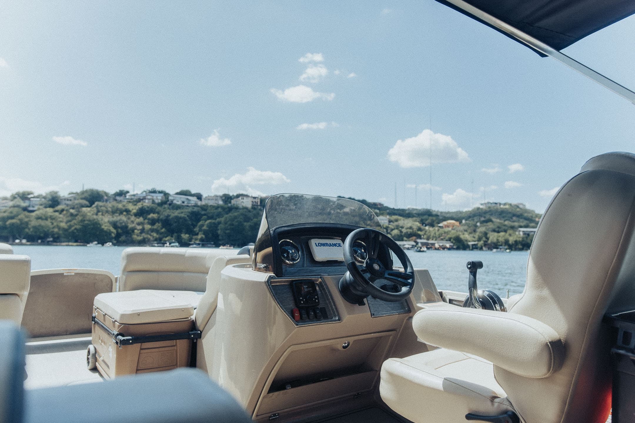 Boat helm and lounge seating on Lake Austin party cruise