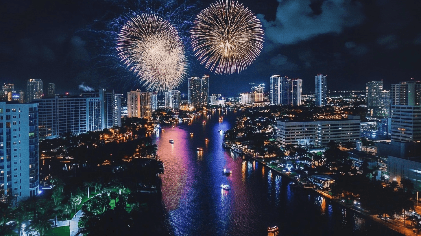 City river with fireworks illuminating waterfront at night