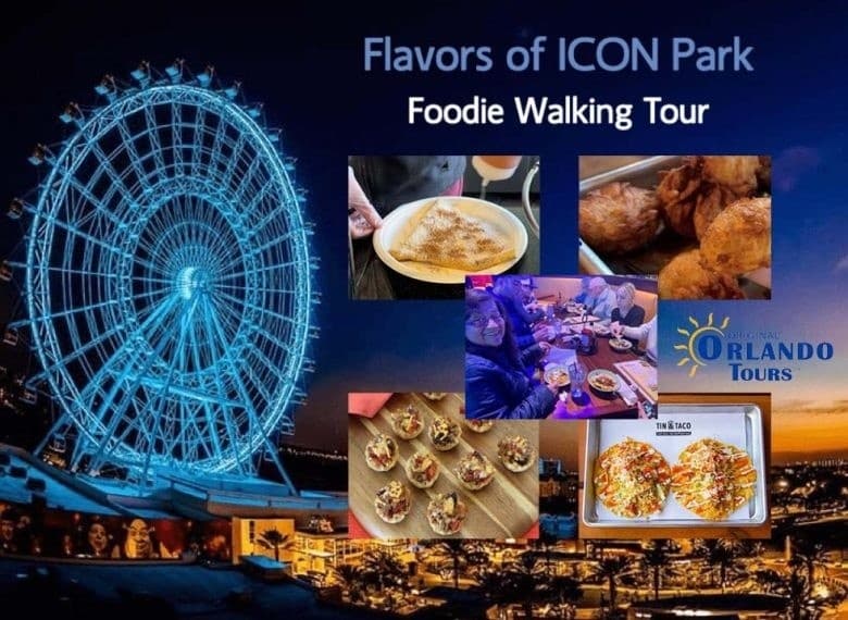 ICON Park Ferris wheel at night with Orlando evening food tour vibe