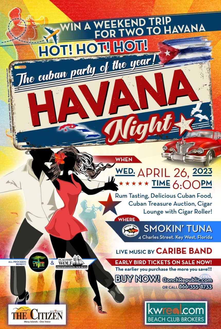 Couple dancing at Havana-themed party poster promoting Cuban night
