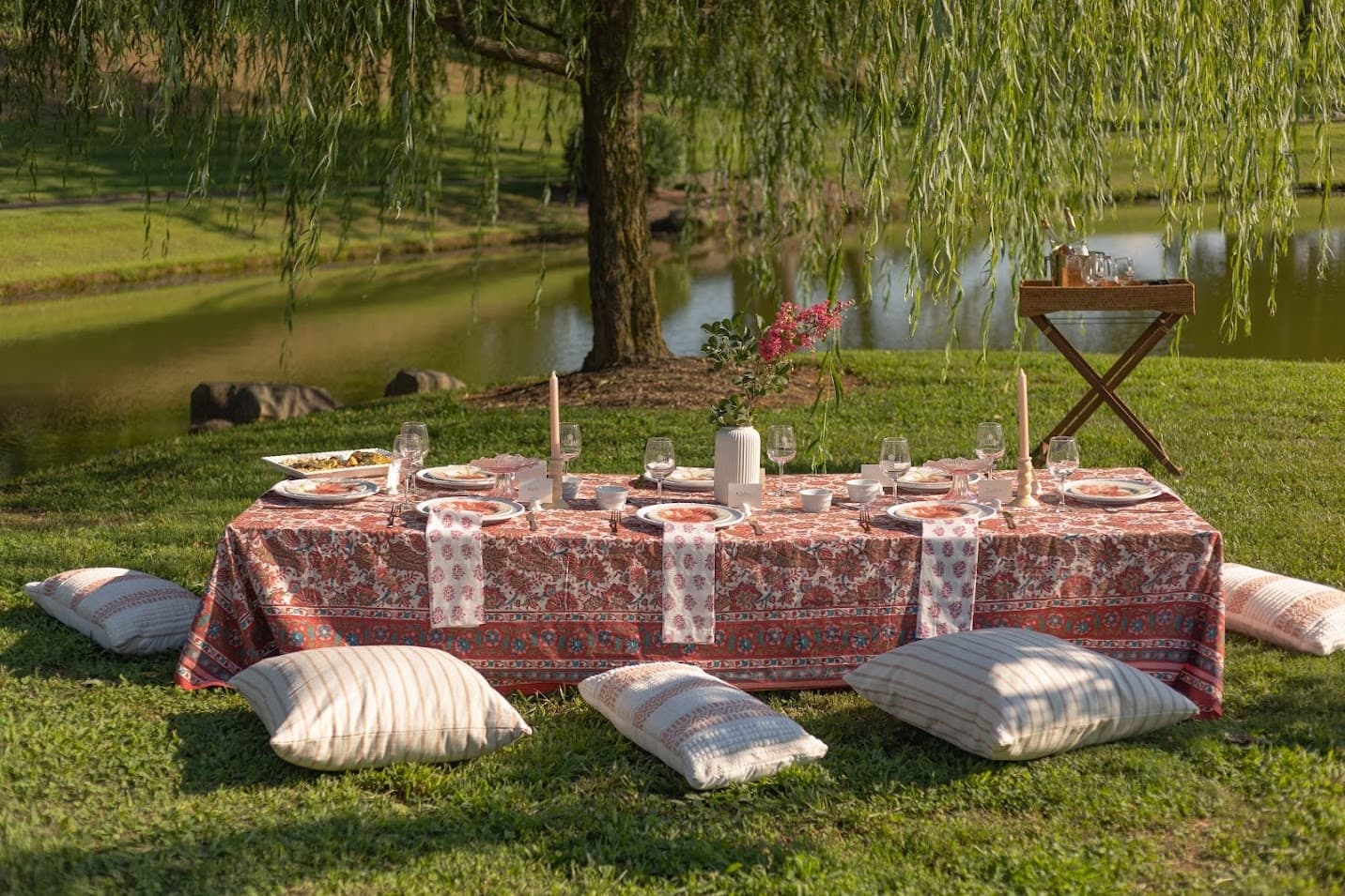 Lakeside picnic on grass under willow tree with cushions