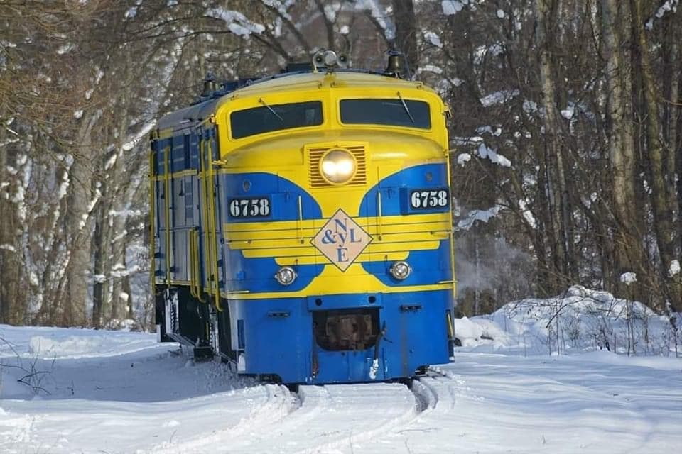 Blue locomotive traveling through snowy forested landscape