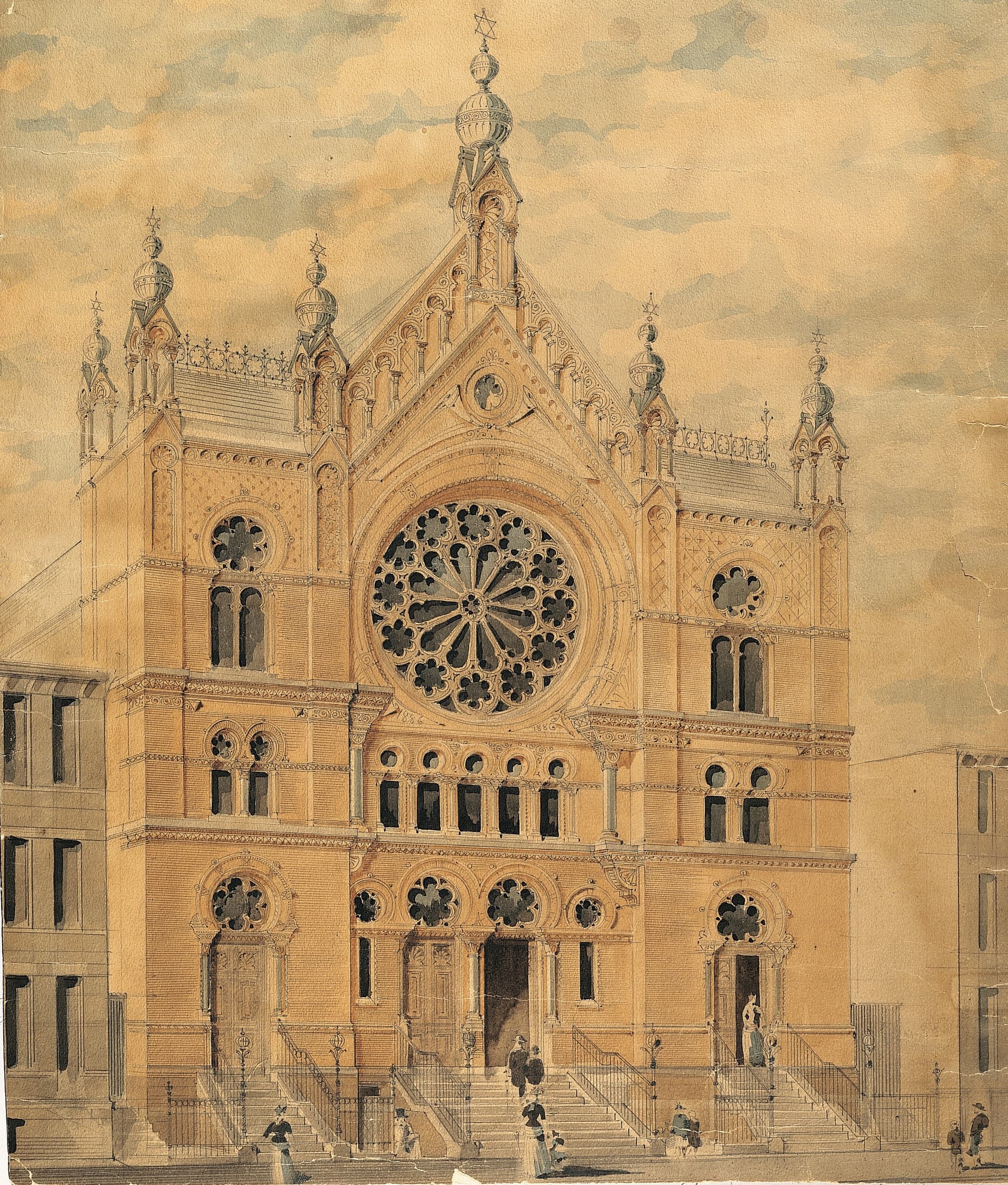 Architectural sketch of ornate cathedral facade historic exterior