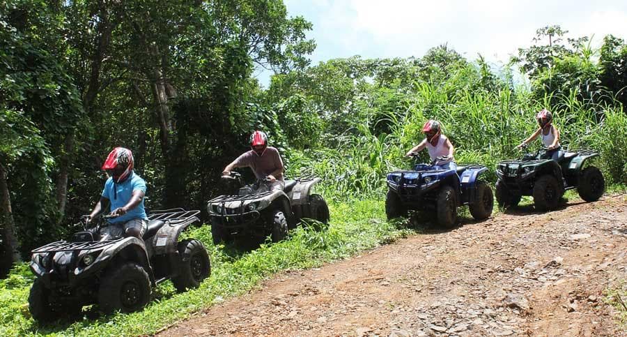 Four riders on ATVs traversing lush tropical trail