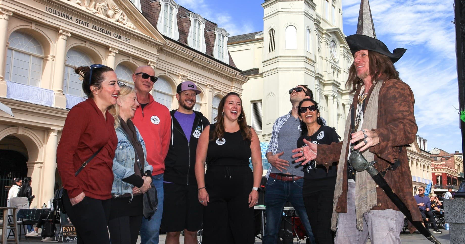 Pirate walking tour group outside St. Louis Cathedral, New Orleans