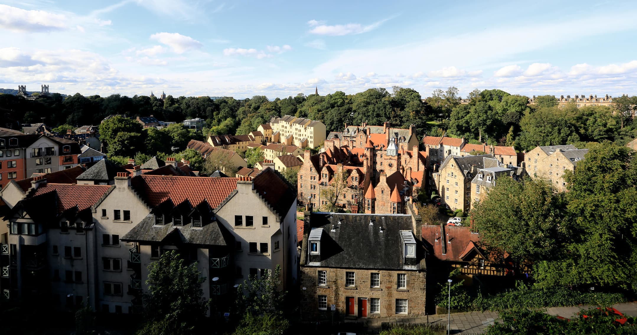 Panoramic riverside view of Dean Village housing, Edinburgh