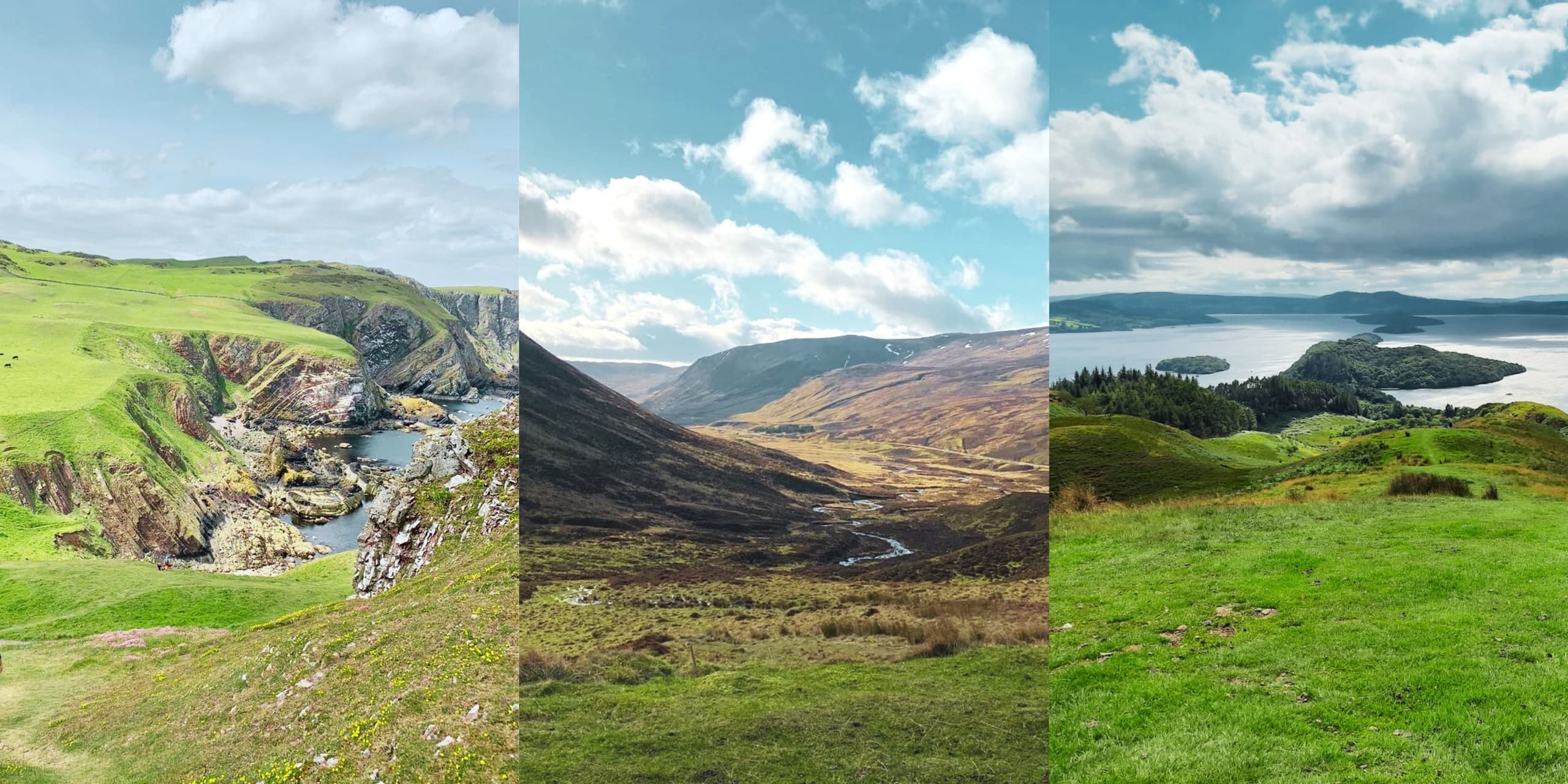 Panoramic coastal and loch landscapes collage in Scottish Highlands
