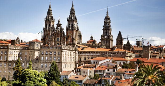 Cathedral spires over historic city rooftops in Santiago
