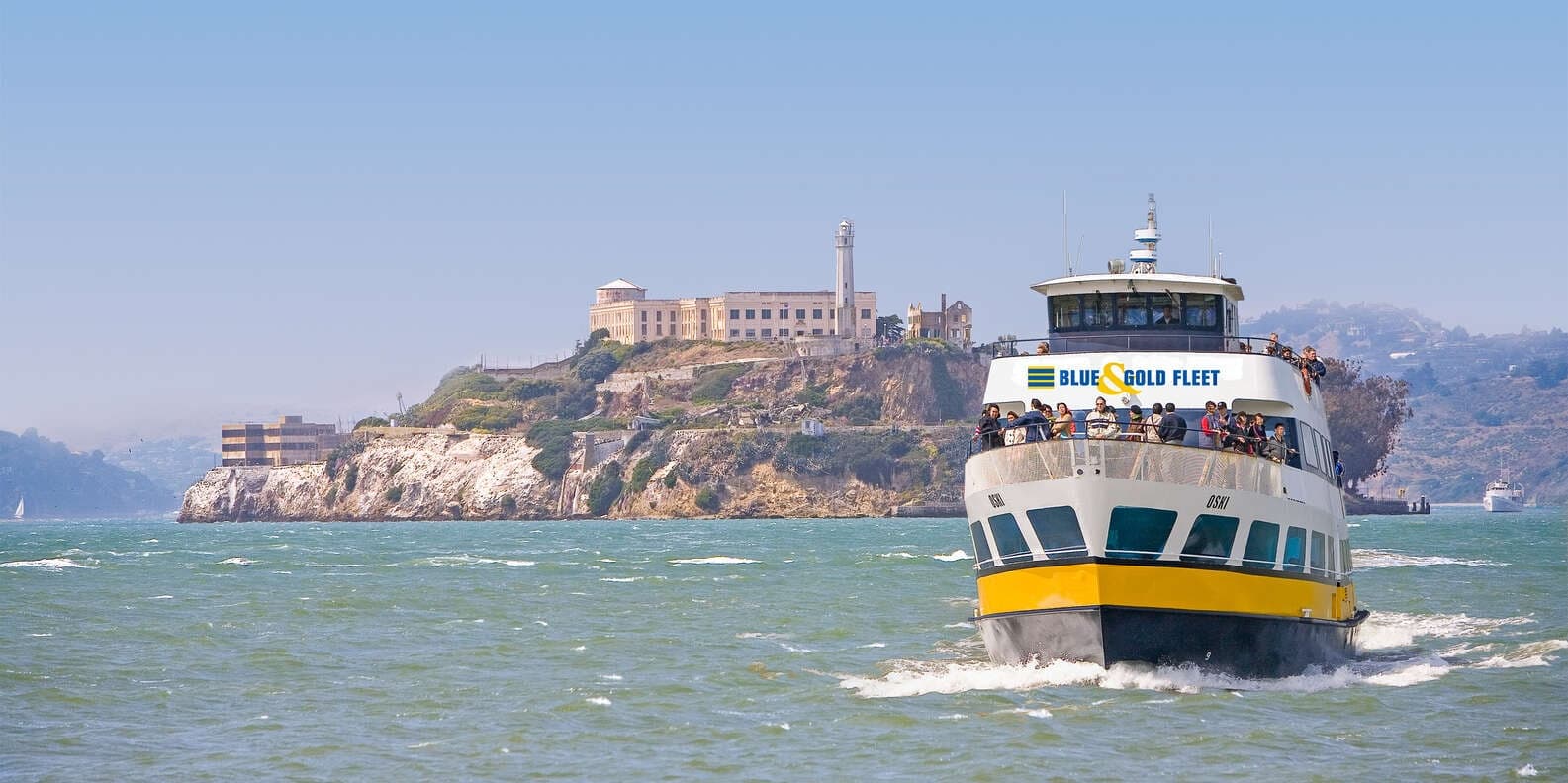 San Francisco ferry passing Alcatraz Island on bay cruise