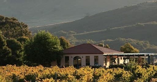 Vineyard estate nestled in sunlit valley with mountain backdrop