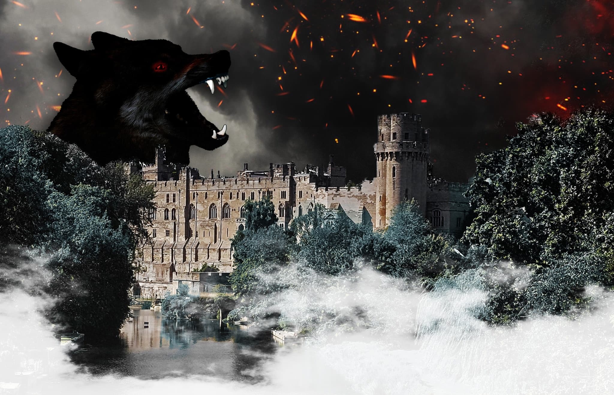 Mythic wolf looming over Warwick-style castle amid smoky fires