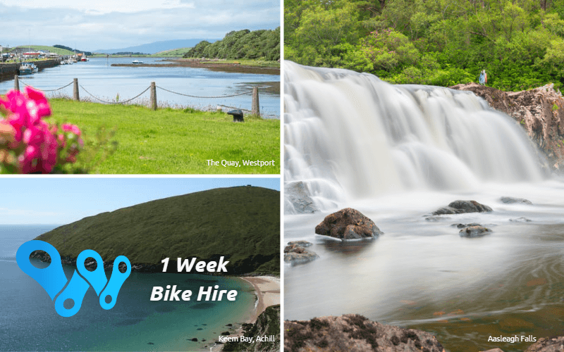 Group cycling and coastal views with waterfall near Westport, Ireland