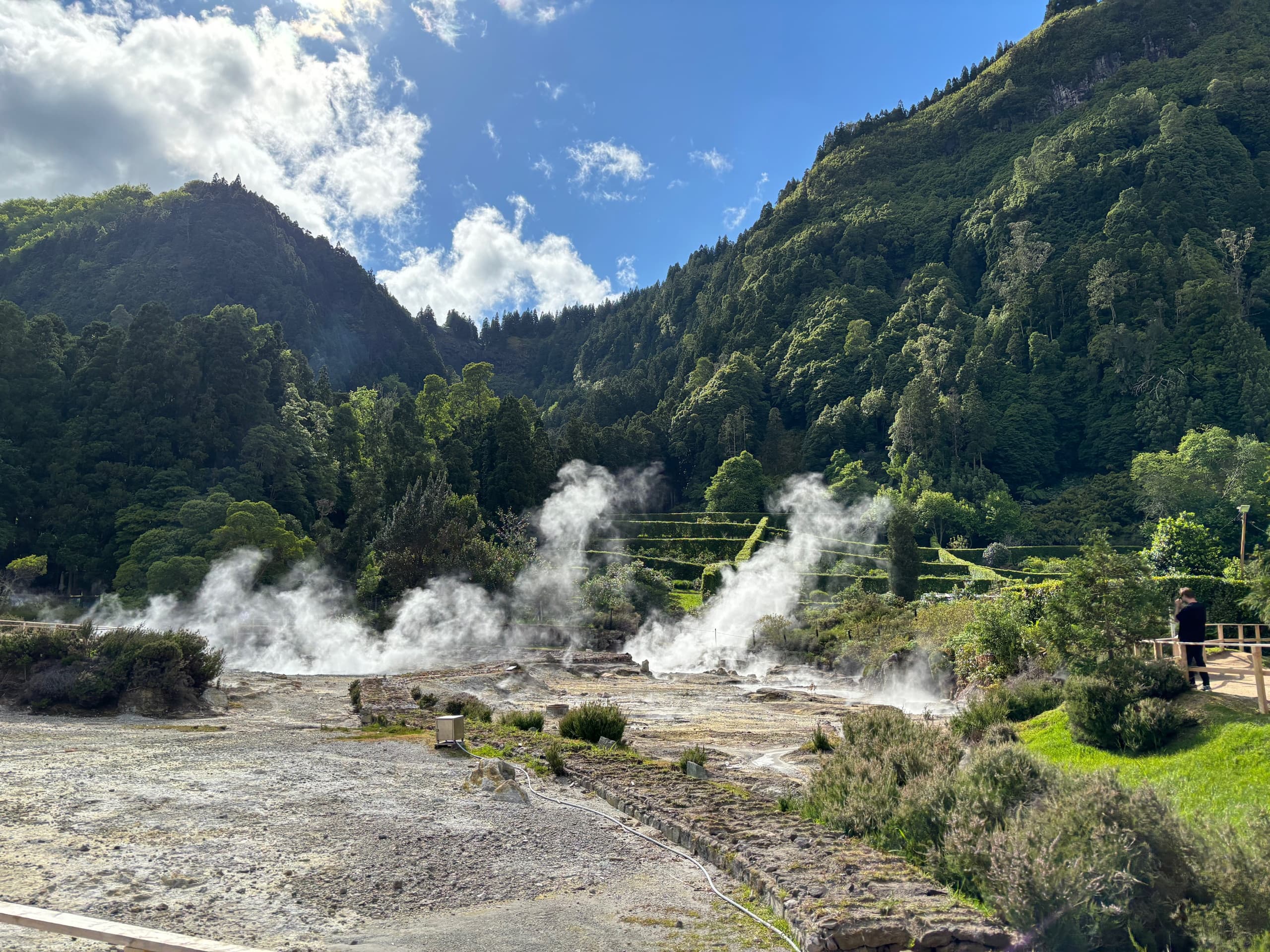 Geothermal fumaroles steaming in volcanic valley, natural hot springs