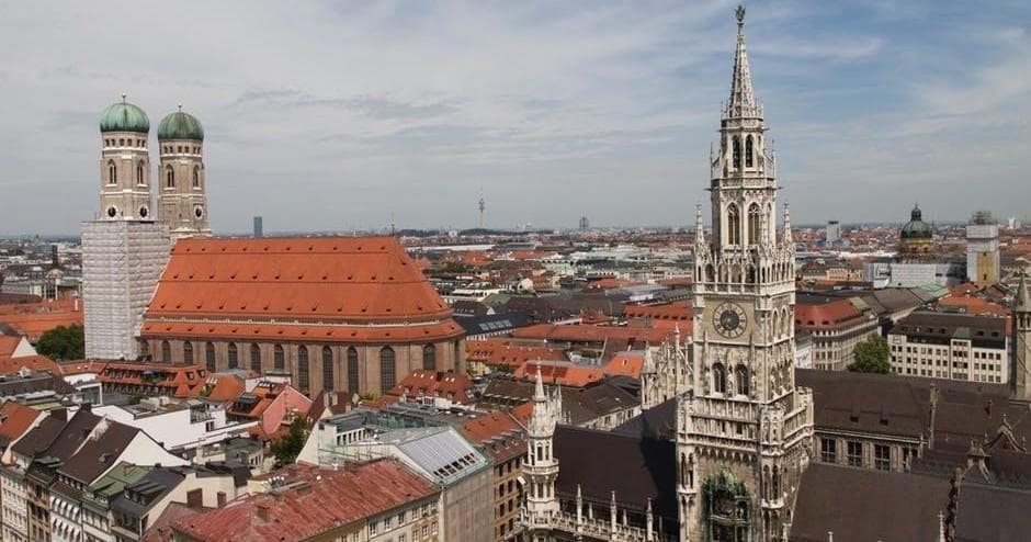 Munich skyline with New Town Hall spire and Frauenkirche viewpoint