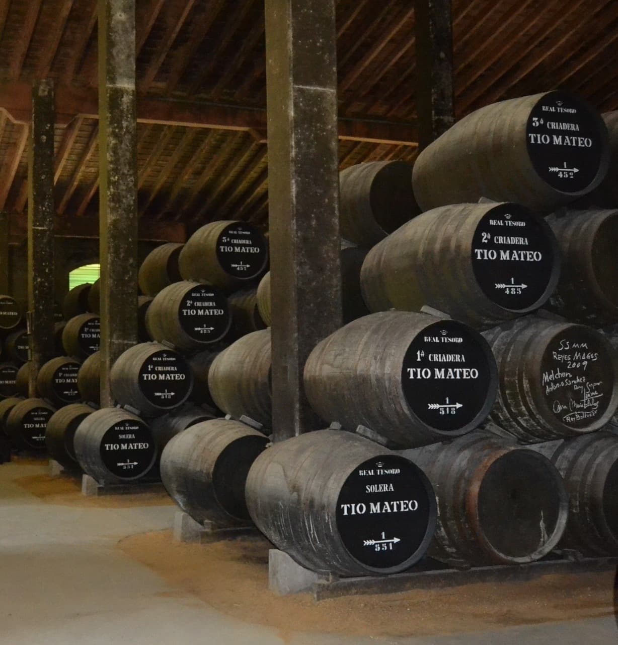 Oak barrel cellar in traditional sherry bodega, wine aging room