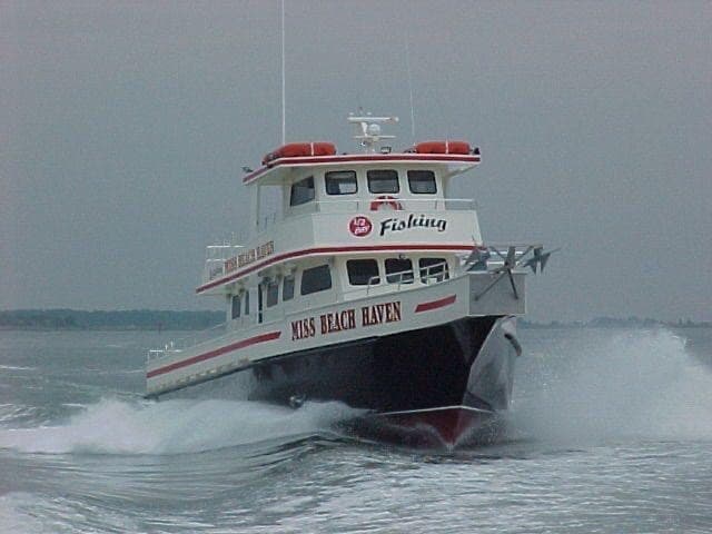 Tour boat powering through waves on open sea near shore