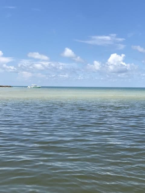 Small motorboat on calm shallow ocean waters under blue sky