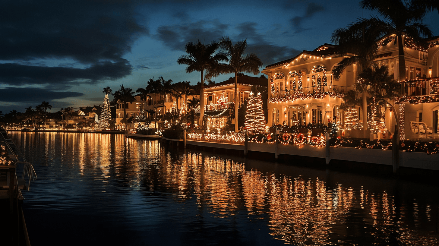 Night waterfront dining and promenades lit along marina