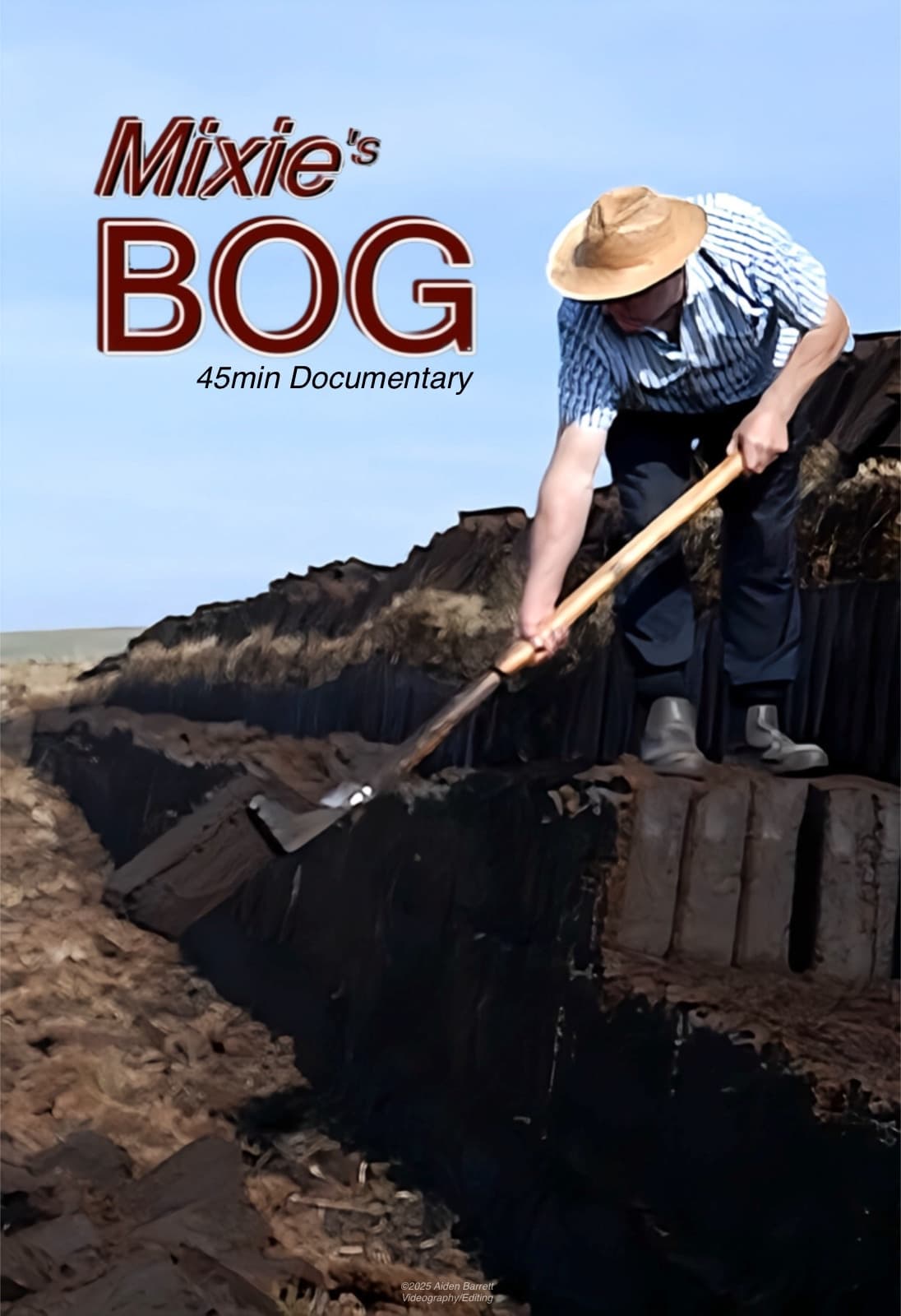 Person harvesting peat in coastal bog documentary scene