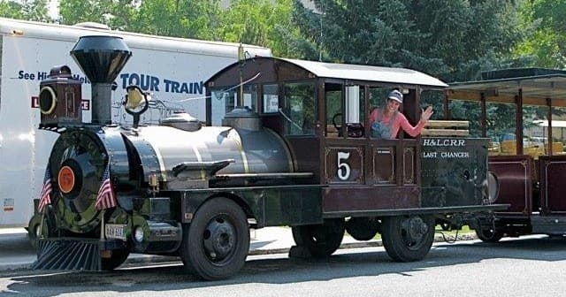 Open-air tour train with conductor waving in forested park