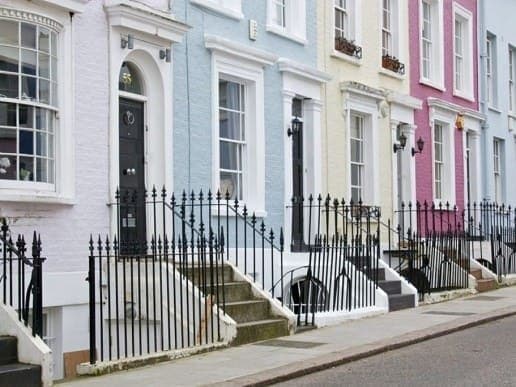 Colorful Notting Hill terraced houses, picturesque London street