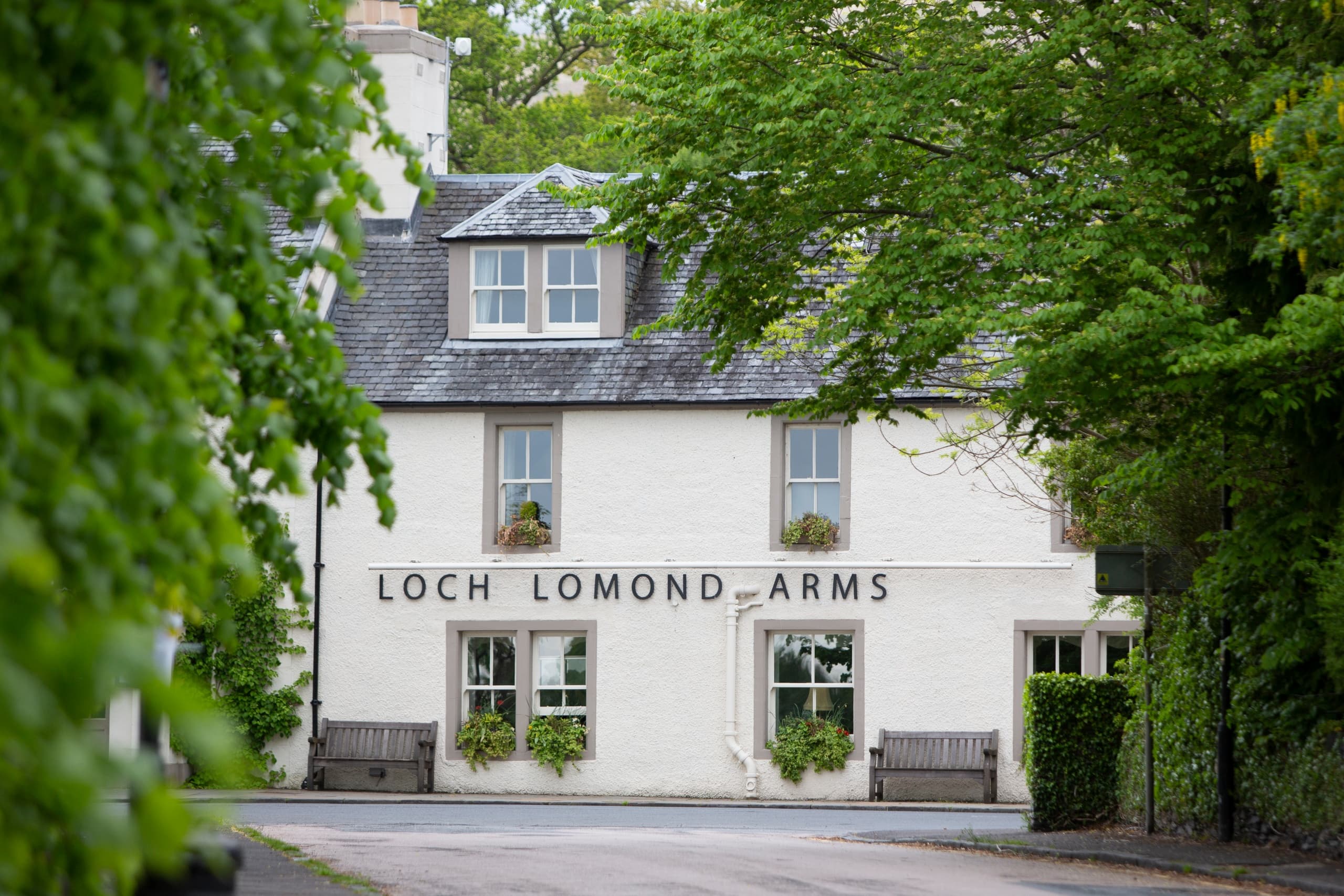 Loch Lomond Arms inn exterior by trees, base for trail walkers