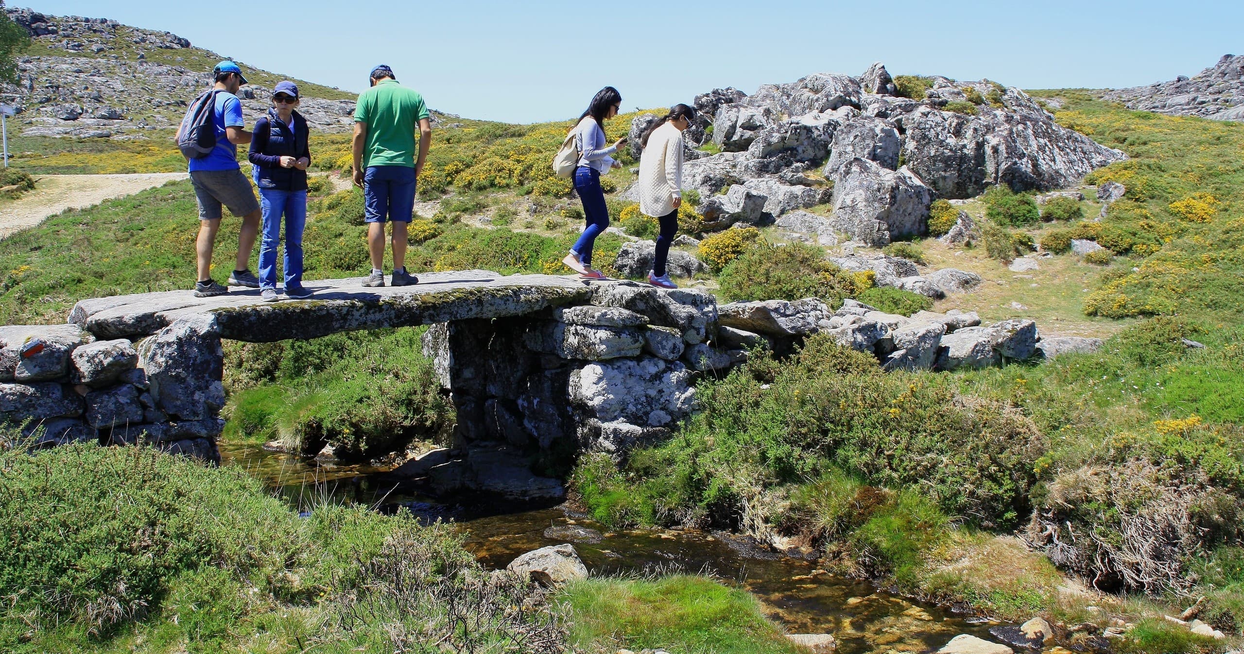 Hikers traversing rocky highland trail with expansive vistas