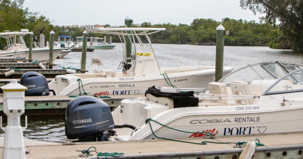 Multiple rental boats moored at Naples marina and docks
