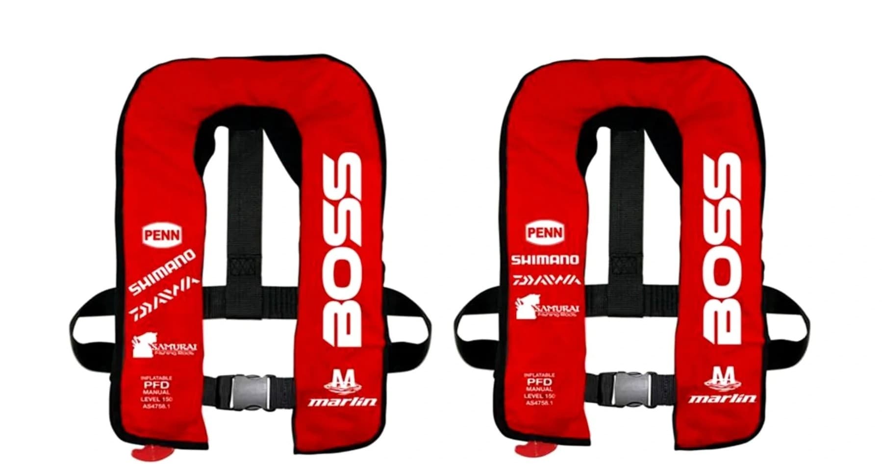 Pair of red life jackets for boating and kayak safety on white