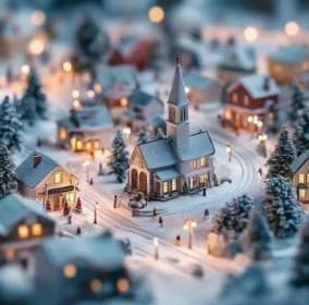 Snowy miniature village holiday scene with church and lights