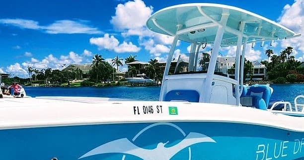 Charter powerboat docked in sunny tropical harbor, side view