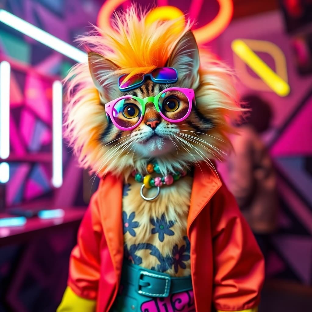 Colorful stylized cat portrait in neon outfit, digital art