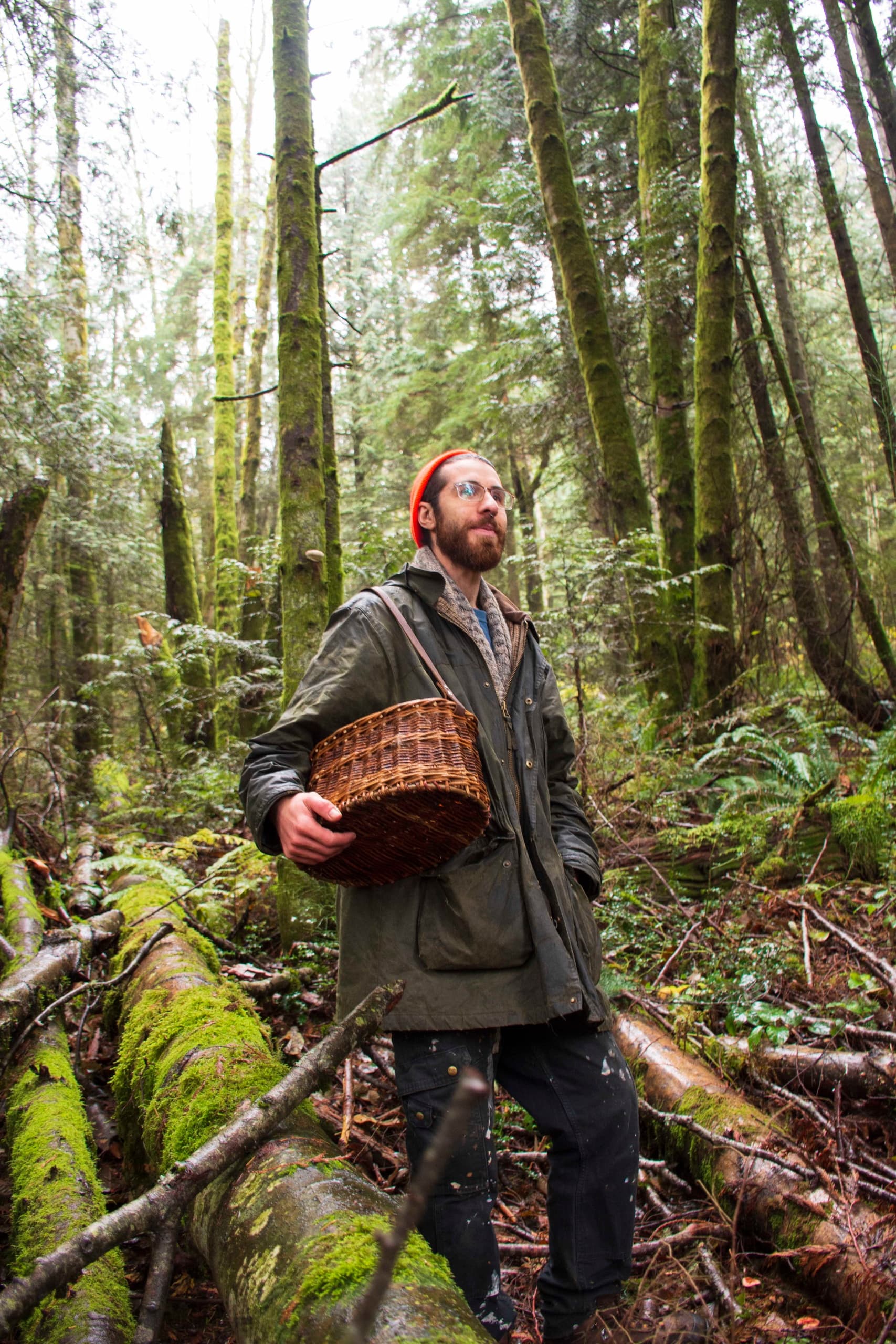 Mushroom forager walking through mossy coastal forest with basket